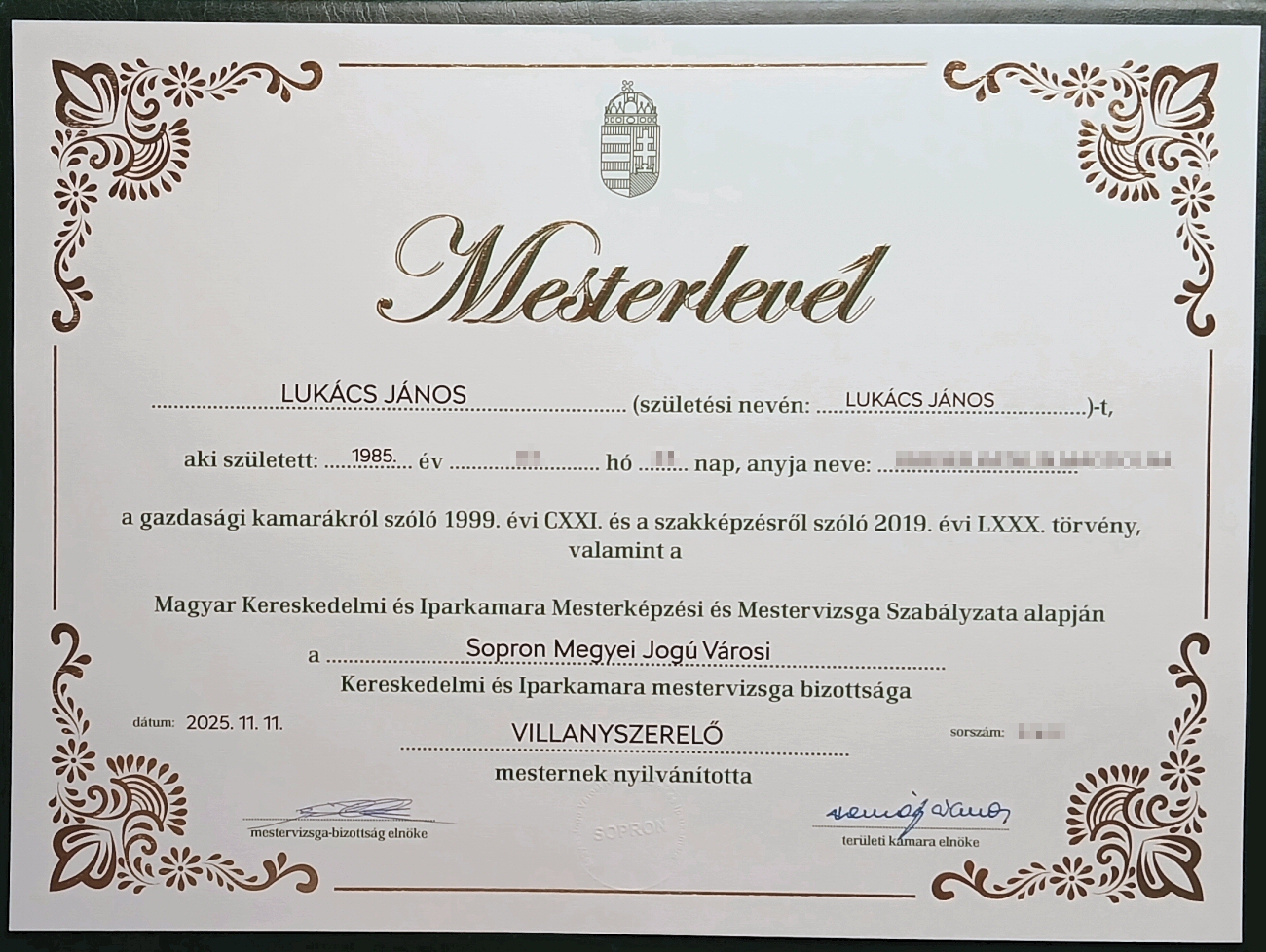 Villanyszerelő mester bizonyítvány